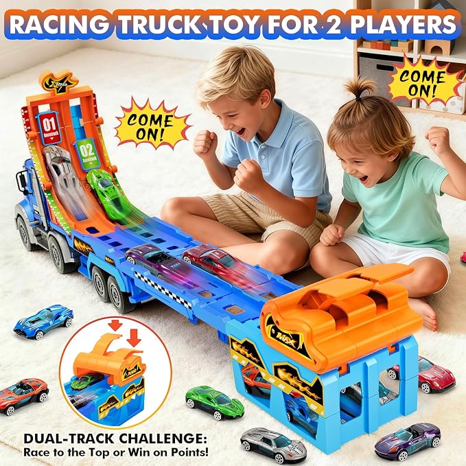 Kids Toys for 3 4 5 6 7 8 Years Old Boys, Carrier Truck Transport Car with Lights Sounds, Christmas Birthday Gift for Toddler, Foldable Layer Car Race Track Playset with Race Track, 6 Metal Toy Cars