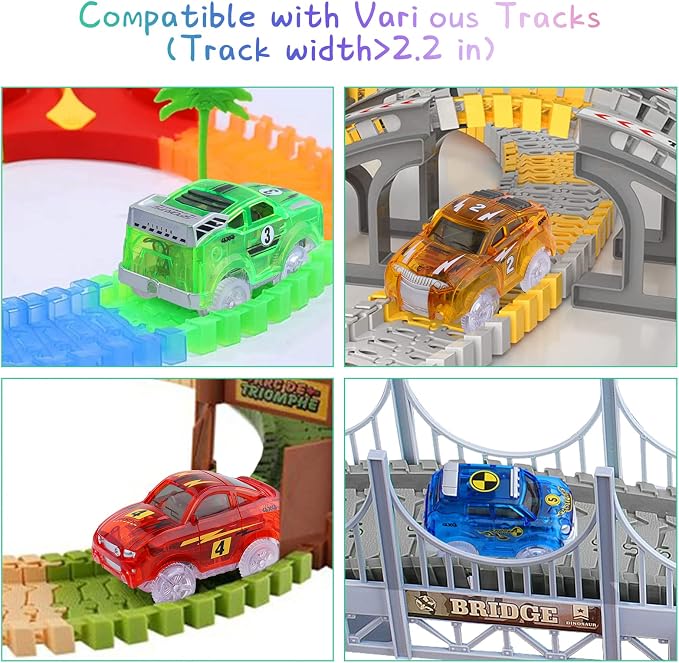 Track Cars Magic Toy Gifts 4 Pack Replacement Track Cars for 3 4 5 6 7 8 Years Old Kids Boys Girls Toy Track Cars with 5 LED Lights Glow in The Dark Compatible with Most Tracks
