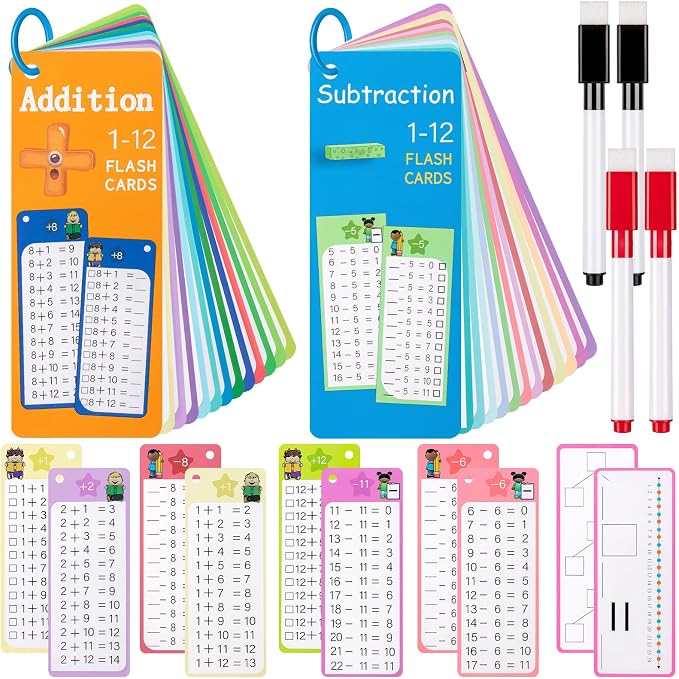 30Pcs Addition and Subtraction Flash Cards, Math Flash Card with 4 Dry Erase Pens 2 Rings, Time Table Flash Cards for 1st to 3rd Grades Fun Learning with Math Game