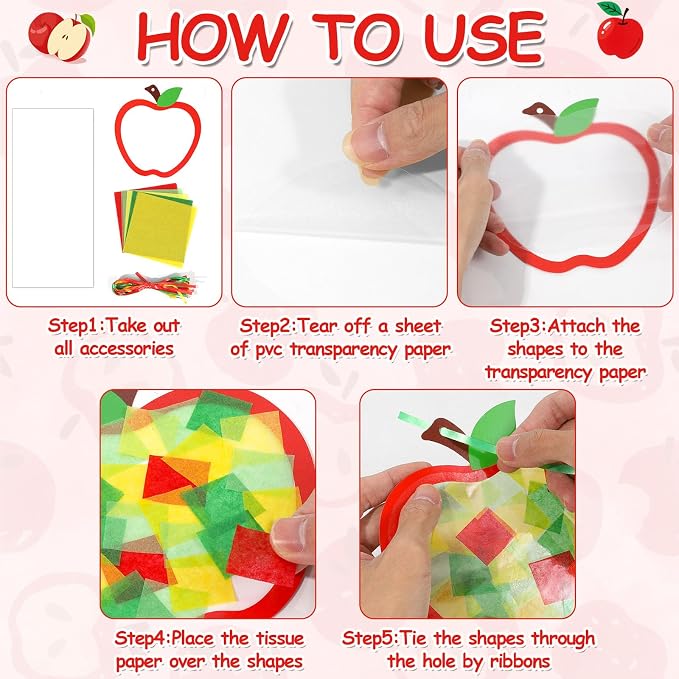 Qyeahkj 36 Set Back to School Apple Suncatchers Crafts for Kids DIY Fall Autumn Window Tissue Paper Craft Kit Hanging Decor for School Home Activity Art Project Birthday Party Favor Gift