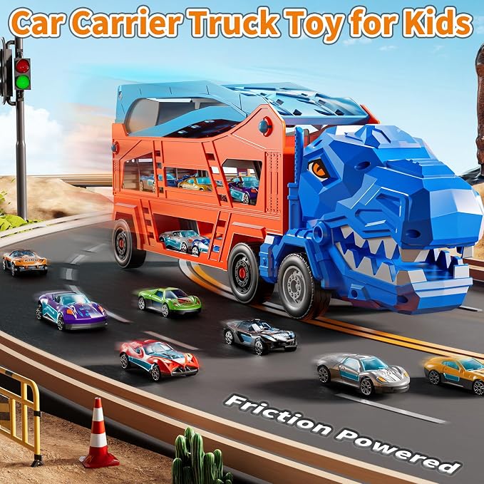 Race Track Truck Toys for 3 4 5 6 7 8 Years Old Boys, 2-Tier Storage Carrier Vehicle Playset with 12 Die-Cast Racing Car Toys, Car Ramps, Birthday Gifts for Toddlers Kids Girls Age 3-5 4-8