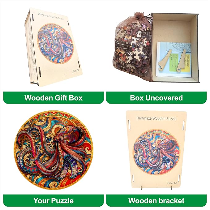 Hartmaze Octopus Riding Wave Wooden Puzzle, 178 Unique Irregular Pieces, 11.2x11.2 Inch, Exquisite Wooden Gift Box, Ocean Art Jigsaw for Adults & Kids 8+