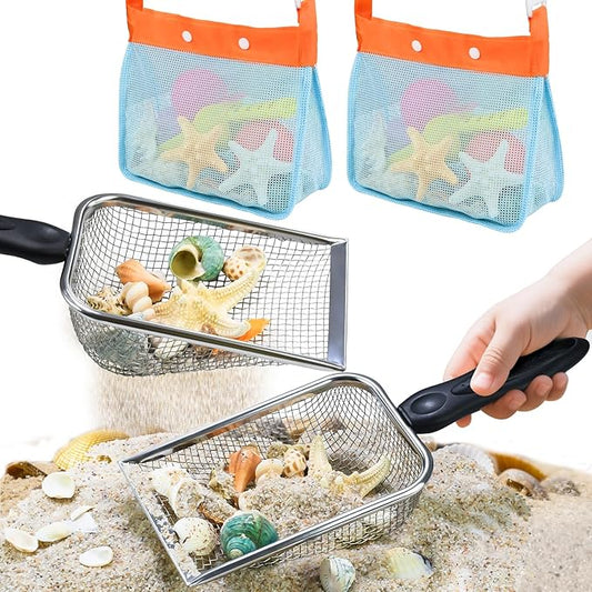 2 PCS Beach Mesh Shovel Sand Sifters with 2 PCS Mesh Beach Bag, Shark Tooth Sifter for Shell Collecting, Filter Sand Scooper Shells Tools for Boys and Girls