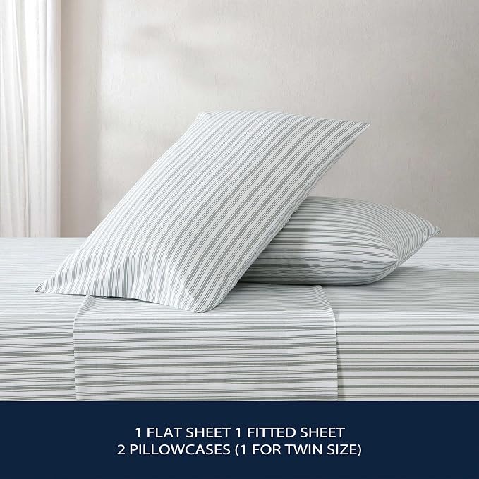 Nautica - Queen Bed Sheets, Lightweight Cotton Percale Bedding Set with Matching Pillowcases, Crisp & Cool, Oeko-Tex Certified (Coleridge Stripe Green)