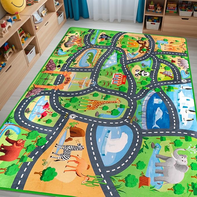 Car Rug Play Mat,4'11" x 6'7" Zoo Park Road Car Mat for Kids,Non-Slip Animal Car Track Rugs for Kids Toy Cars,Educational Kid Road Playmat Rug for Playroom Bedroom Kid Room(for Age 2+)