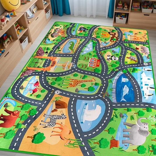 Car Rug Play Mat,4'11" x 6'7" Zoo Park Road Car Mat for Kids,Non-Slip Animal Car Track Rugs for Kids Toy Cars,Educational Kid Road Playmat Rug for Playroom Bedroom Kid Room(for Age 2+)