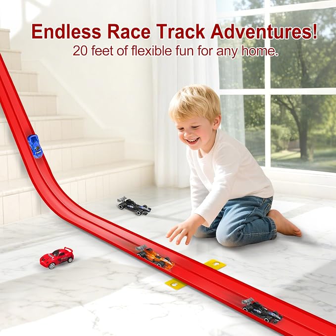Flexible Race Track for Kids Starter Set - 20FT Flex Race Car Ramp Track, Rolls Up Portable DIY Racetrack Compatible with Hot Wheels & Diecast 1/64th Cars