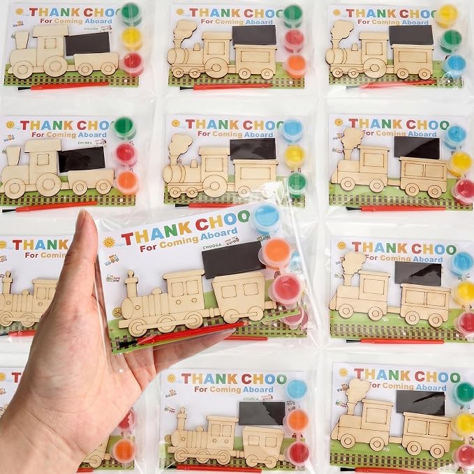 24 Set Train Party Favors, Train Birthday Party Supplies, Wood Trains Painting Crafts Kits, Magnets with Card for School DIY Activity Trains Theme Choo Choo Birthday Party Decor Thank You Gifts
