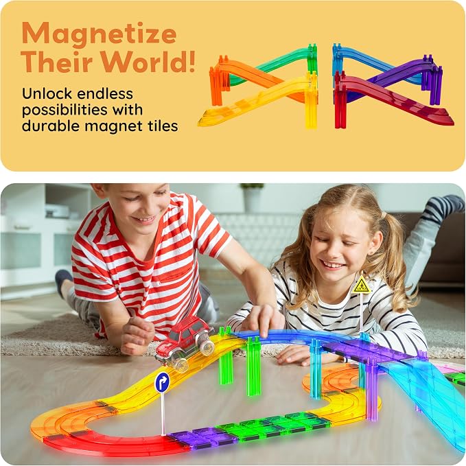 PicassoTiles 6 Piece Magnetic Tiles Race Track Ramp Accessories STEM Building Blocks Toys Magnet Tile Educational Construction Playset Boys Girls Brain Development and Creative Pretend Play Toy PTR06