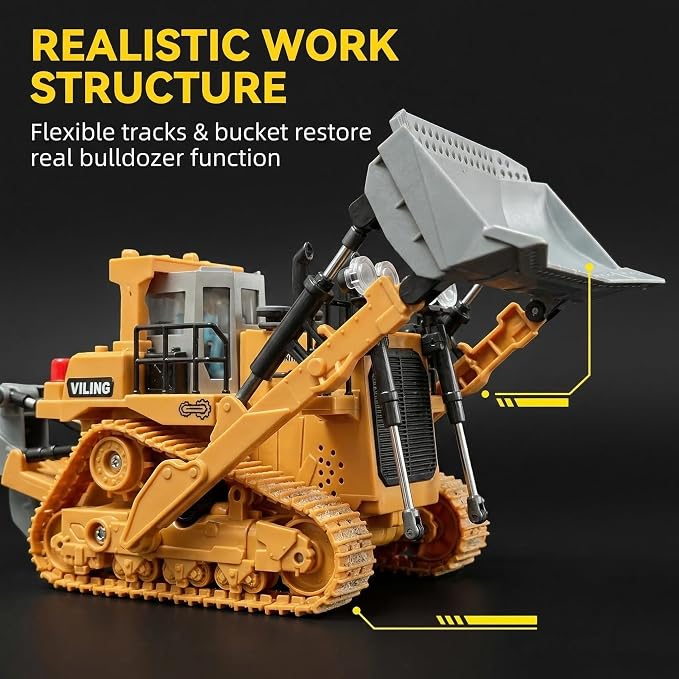 RC Bulldozer Toy,9-Channel rc construction vehicle bulldozer toys for boys rc dozer Simulated Construction Site Toy, LED Lights & Sound, All-Terrain Tracked Dozer 3 4 5 year oldGift for Birthday