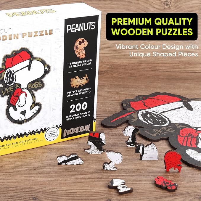 Peanuts Wooden Puzzles for Adults – Snoopy Puzzles for Fans, 200 Pieces Unique Shaped Jigsaw Puzzles, Best Gift for Snoopy Lovers, 5MM Thick, Officially Licensed Merchandise – Joe Cool, 12.5" x 10.4"