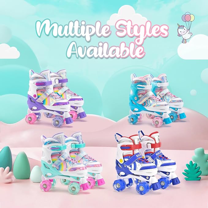 SULIFEEL Rainbow Unicorn 4 Size Adjustable Roller Skates for Girls Boys for Kids Ages 3-5 5-8 6-12 Children Skates Indoor Outdoor
