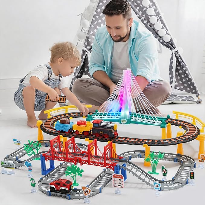 Electric Toddler Train Set Toy, Battery Powered Railway Train Track Toy Playset with Realistic Sound & Lights Up for Kids Ages 3 4 5, Boys and Girls
