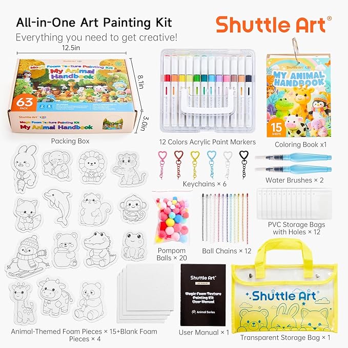 Shuttle Art 63 Pcs Magic Foam Texture Painting Kit Animal Series: 15 Animal Foam Pieces, Coloring Book with 15 Scenes, 12 Acrylic Paint Markers, Magical 3D Effect DIY Art Craft