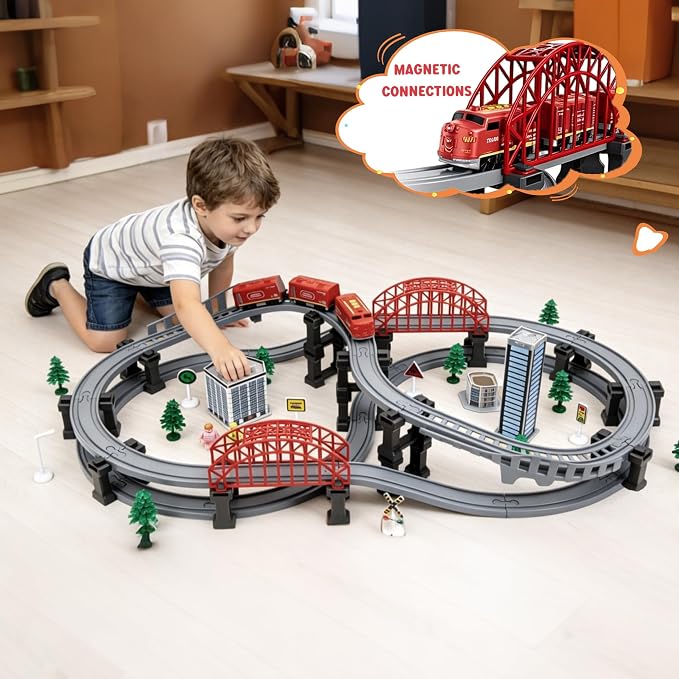 Wdmiya Train Sets for Toddlers, 128 Pcs Trains Toy with Battery Operated & Tracks (Magnetic Connection), Compatible with Thomas, Brio, Christmas Toy Gifts for 3 4 5 6 7 8 Years Old (Forest)