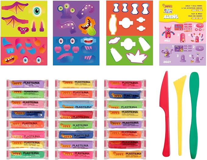Jovi - Play&Fun Aliens, Character kit for Children with Modeling Clay | Includes Cutouts, 24 Non-Drying Clay Sticks and Tools to Create Monsters and Aliens, DIY kit for Kids