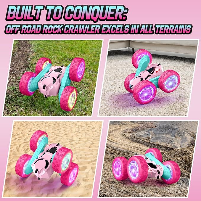 Hamdol Pink Remote Control Car for Girls, Double Sided with Shining Headlights & Wheel Lights, Girl Princess Toys, Rechargeable Toy Car for 6-7 6-8 9 10-12 Year Old Girls Birthday, Valentines Gift