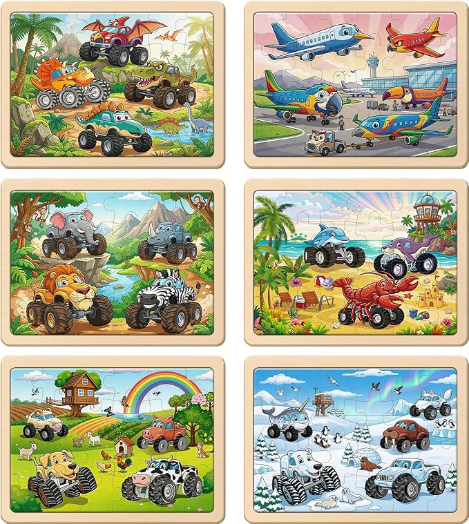 Puzzles for Kids Ages 3-5, Wooden Monster Truck Puzzles for Kids, 24 Piece Wooden Jigsaw Puzzles for Toddlers, Wood Puzzles for Kids Ages 4-6, Easter Basket Stuffers Gifts for Kids