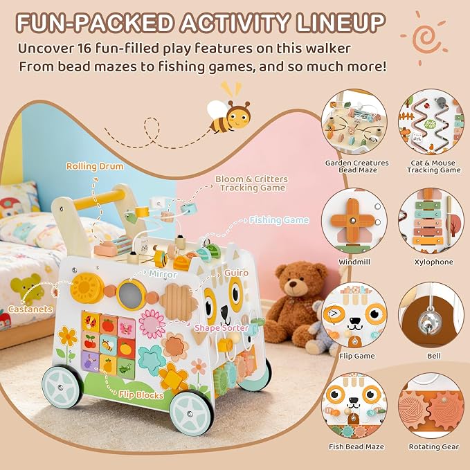 Weilim Wooden Baby Push Walker with Activity Center, Montessori Toy 12M+ | 16-in-1 Bead Maze Shape Sorter Xylophone, Height Adjustable, Non-Slip Wheels, BPA-Free Wood, Toddler Gift for Boys Girls