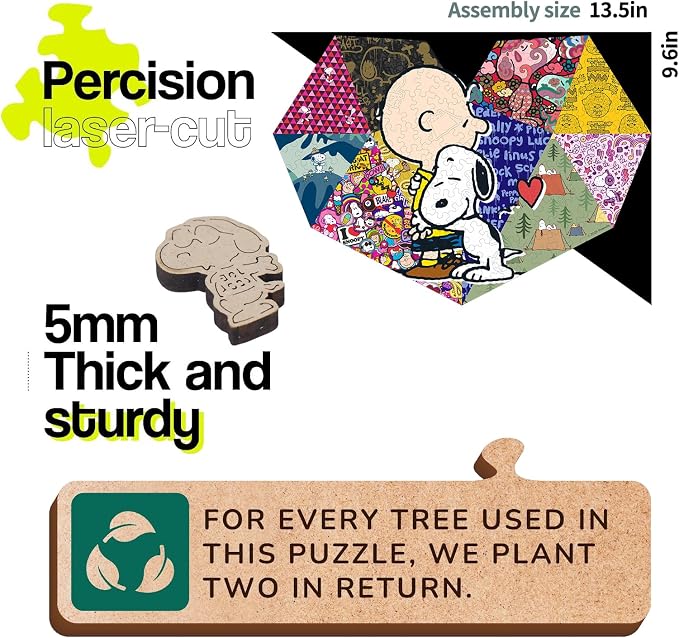 Peanuts Snoopy Wooden Puzzles for Adults – Unique Heart Shaped Sweet Hugs Jigsaw Puzzles, Collectible Decor for Women & Snoopy Lovers, Officially Licensed, 200 Pieces 5mm Thick, 13.5" x 9.6"