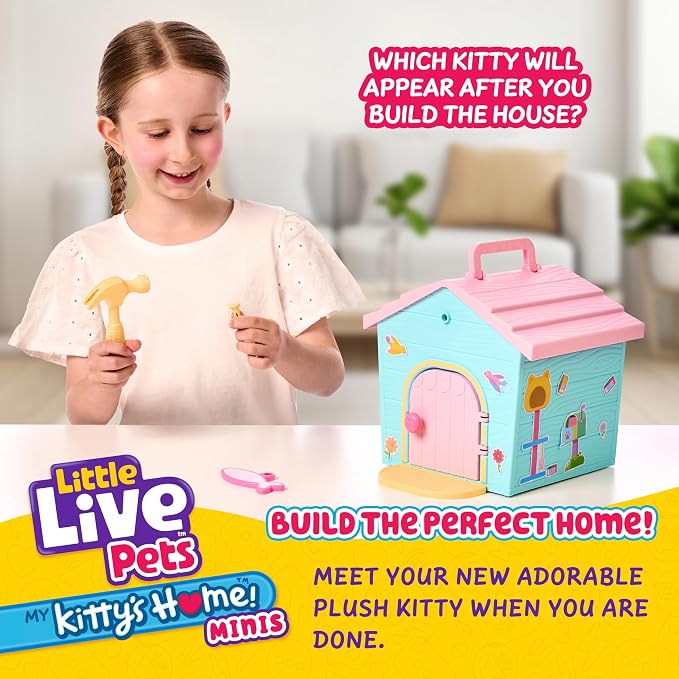 Little Live Pets My Kitty's Home Mini Playset, Mystery Kitty Plush Reveal, Build and Decorate Toy Pet Carrier, Repeat Play, Cat House Toys for Kids 5+