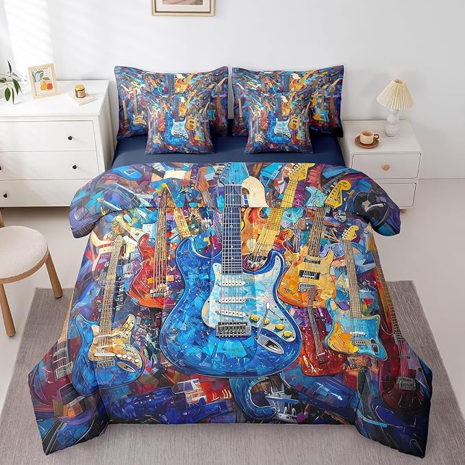 Feelyou Guitar Comforter Set with Sheets Queen Size Rock Music Bed in a Bag for Boys Girls Teens Blue 7 Pieces Bedding Set Soft Lightweight Microfiber