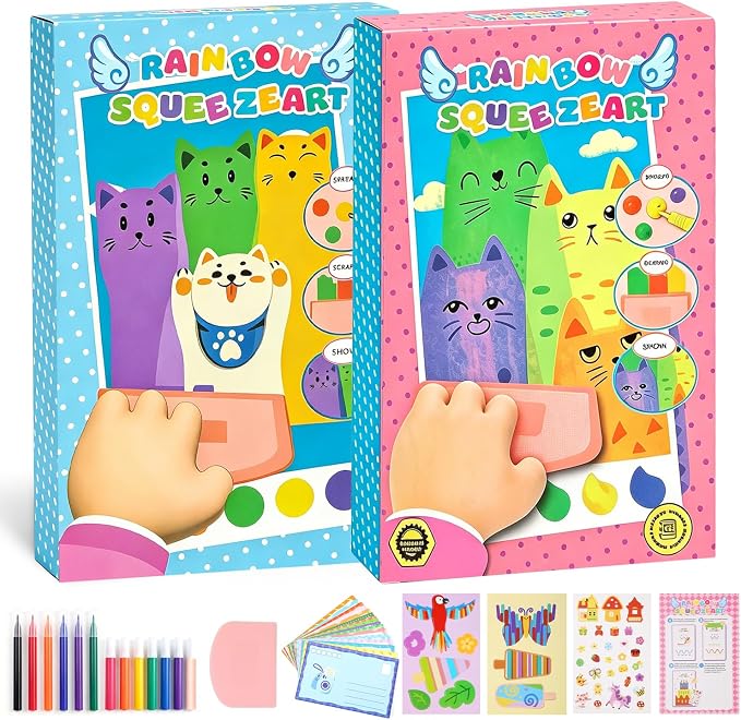 Rainbow Squeeze Art Kit, DIY Creative Scratch Art Kit for Kids, Magic Artistic ＆ Creative Squeegee Painting Set, for Drawing ＆Postcards, Favors Novelty Gifts for Boys ＆ Girls (Mix)