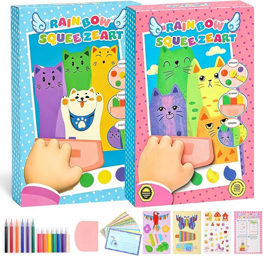 Rainbow Squeeze Art Kit, DIY Creative Scratch Art Kit for Kids, Magic Artistic ＆ Creative Squeegee Painting Set, for Drawing ＆Postcards, Favors Novelty Gifts for Boys ＆ Girls (Mix)