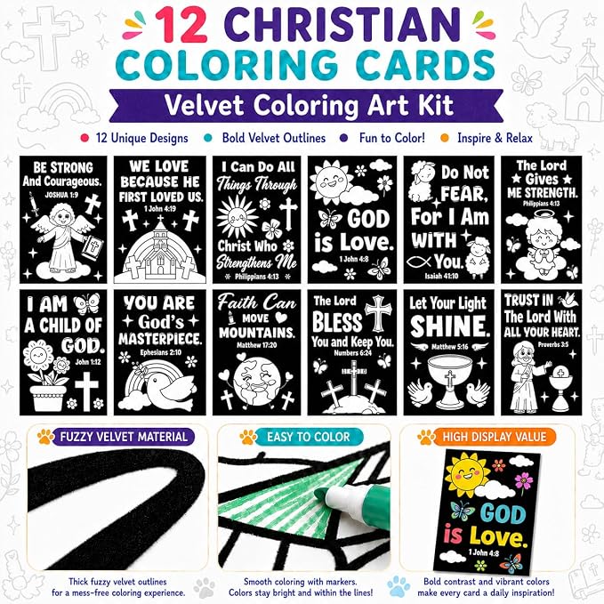 Cinrobiye 48 Pcs Velvet Coloring Posters Bible Fuzzy Posters to Color Bulk Felt Religious Inspirational Coloring Page Craft for Christian Party Favors Gift Prizes Sunday School Church Activities