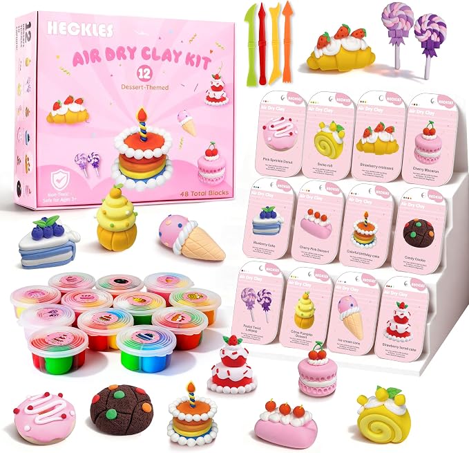 Air Dry Clay Kit for Kids 3-12 - 12 Boxes (48 Total Blocks) Non-Toxic Magic Molding Clay | Dessert-Themed DIY Set - No Baking, Mess-Free - Ideal for Family Time/Birthday Parties & Fine Motor Skills