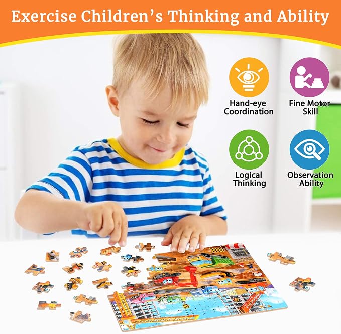 MZZOTOY Construction Site Puzzle for Kids Ages 4-8, 100 Pieces Jigsaw Puzzles for Kids Ages 3-5， Learning Educational Puzzles Toys Great Gift for Boys Girls in a Metal Box