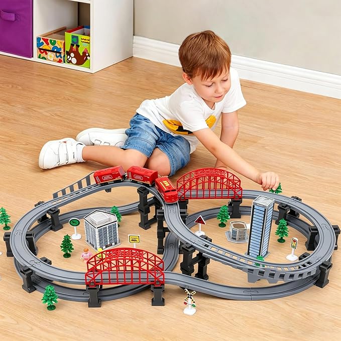 Wdmiya Train Sets for Toddlers, 128 Pcs Trains Toy with Battery Operated & Tracks (Magnetic Connection), Compatible with Thomas, Brio, Christmas Toy Gifts for 3 4 5 6 7 8 Years Old (Forest)