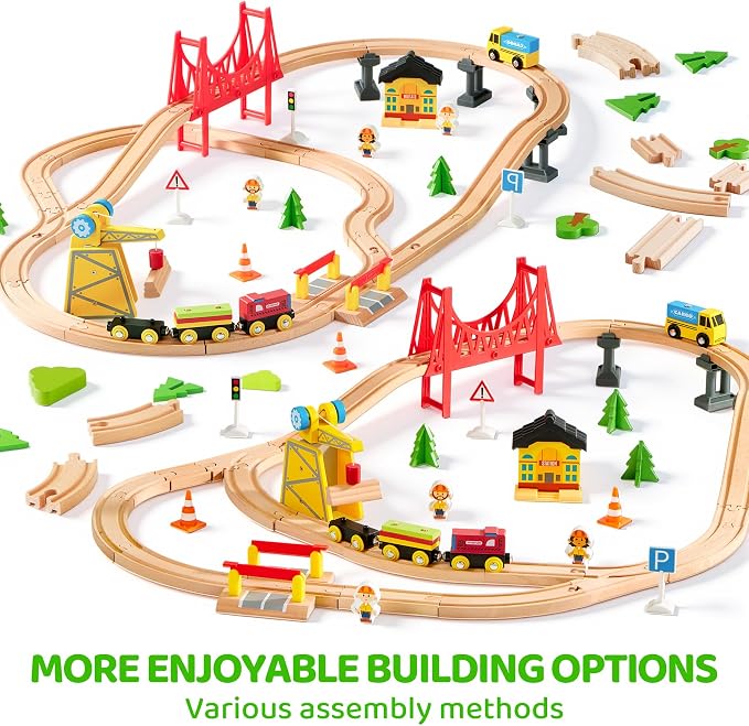 60PCS Wooden Train Set - Toy Magnetic Trains with Wooden Track Set for Kids Ages 3-8, Construction Crane Railway Set, Perfect Easter Birthday Gift for Grandkids Toddlers Boys Girls