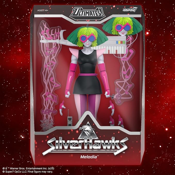 Super7 ULTIMATES! SilverHawks Melodia (Toon) - 7" SilverHawks Action Figure with Accessories - Classic Cartoon Collectibles and Retro Toys