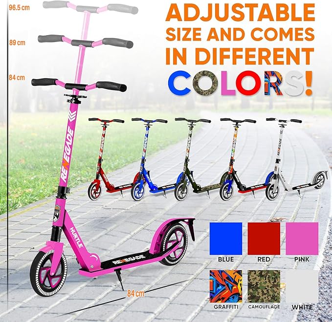 Hurtle Renegade Kick Scooter for Kids, Teenagers & Adults - 2-Wheel Folding Scooter with Adjustable T-Bar Handlebar - Alloy Anti-Slip Deck