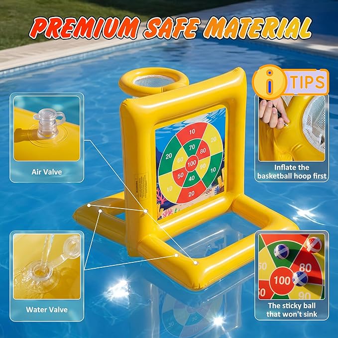 Pool Toys for Kids & Adults, 2-in-1 Pool Basketball and Dart Board Game Set, Family Summer Water Games for Kids Ages 6+ and Adults, Backyard Pool Party Games, Yellow