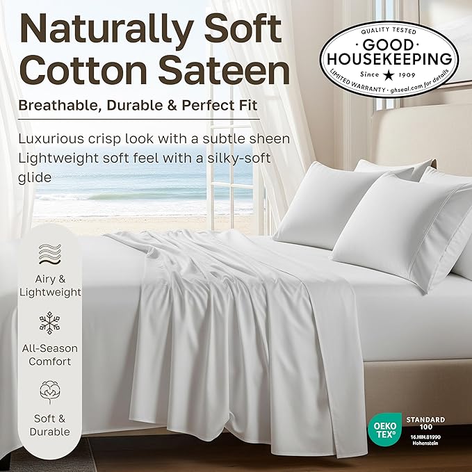 California Design Den 12" Pocket Bed Sheets Twin Size Set - Natural 100% Cotton Sheets, Soft Sateen Weave, All Around Elastic, Breathable and Durable Bedding - Purple Passion