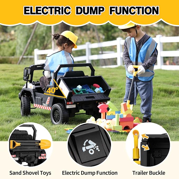 TOBBI 12V Electric Kids Dump Truck Toy, Toddlers Ride On Car with Parent Remote Control, Battery-Powered 4 Wheels Off-Road Vehicle to Drive with Auto Trailer/Horn/LED for Chirdren 3-8 Years-White