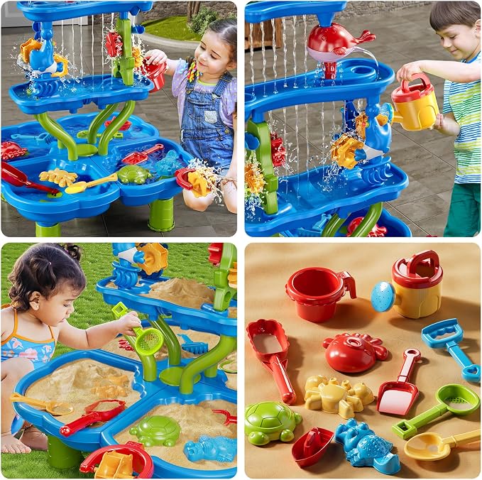 Water Table for Toddlers 1-3 3-5, 4-Tier Water Table for Kids with Sand Beach Toys, Water and Sand Sensory Table Beach Outdoor Birthday Gifts Toys for Kids Toddlers Age 3 4 5 6 7 8 Boys Girls