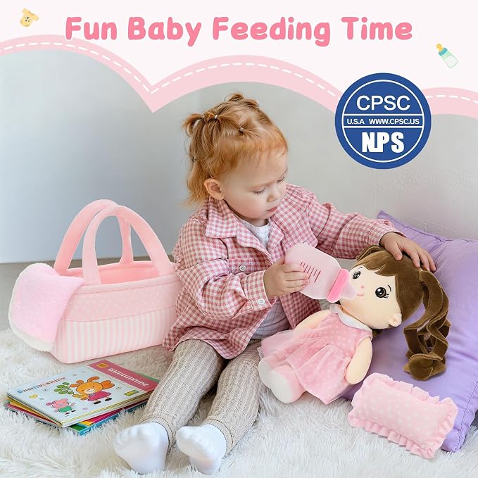 MaoGoLan 6Pcs Pink Baby Doll Set, 11'' Baby Doll Accessories, Soft Plush Doll with Portable Bassinet, Blanket, Bottle & Clothes, Pretend Play Set, Ideal Valentine Christmas Birthday Gift for Girls