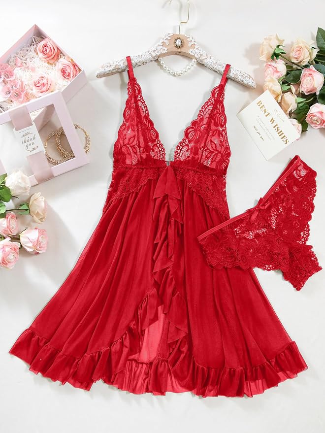 Foxiny Sexy Open Front V Neck Ruffle Sheer Mesh Lace Wireless Babydoll Lingerie Dress with Thong 2 Piece