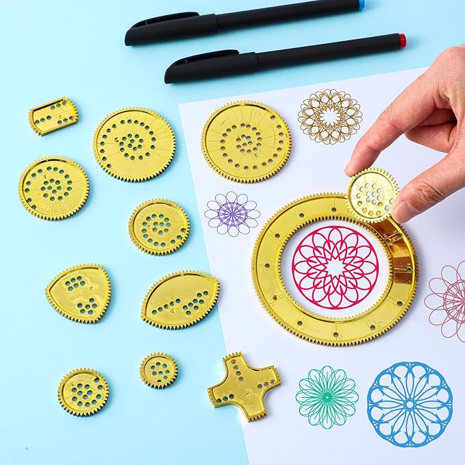 Chivao Spiral Art Kit Circle Stencils Drawing Tool Gear Geometric Ruler Circle Template Drawing Kit Plastic Spiral Curve Stencils with Pens Paper for Back to School Gifts DIY Crafts Sketch(Modern)