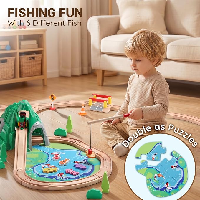 SainSmart Jr. 114PCS Wooden Train Set with Storage Box, Wood Train Track Set Compatible with Major Brands, Expandable Train Toys for 3-7 Years Old Girls & Boys, Great Birthday