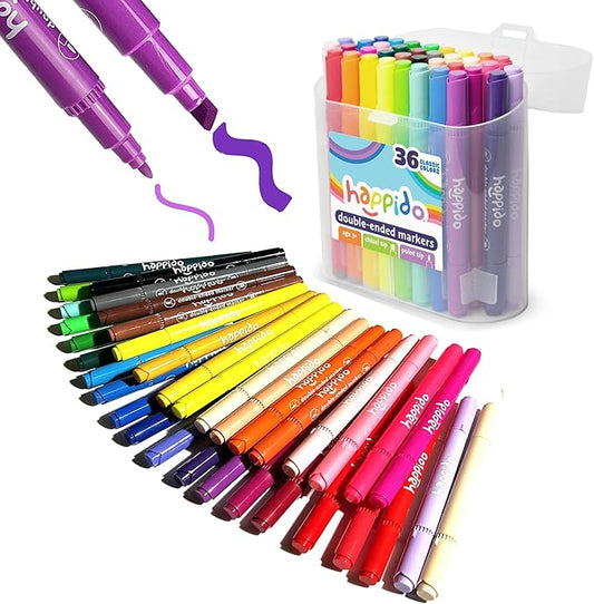 International Arrivals Double Sided Marker Sets for Kids Happido, Set of 36 Water Based Non Toxic Markers with Case, Great School Supplies, Art and Stationery Set