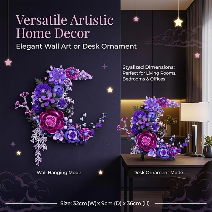 Purple Moon Flower Building Set, Botanical Collection Artificial Flowers Building Blocks Kit Compatible with Lego for Adults Home Décor Wall Art Decoration