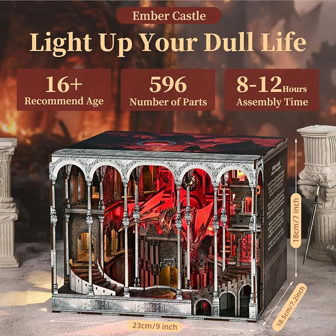 CCCDF Ember Castle Book Nook Kit,3D Wooden Puzzle DIY Miniature House for Adults,LED Bookshelf Decor Insert Craft Model Building Kit,Unique Gift for Family Friends
