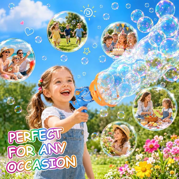 Dinosaur Shaped Bubble Gun for Kids - Blows Over 1000 Bubbles per Minute & Creates Giant Bubbles, Birthday, Christmas & Easter Gift for Boys & Girls Ages 3-9 (Blue)