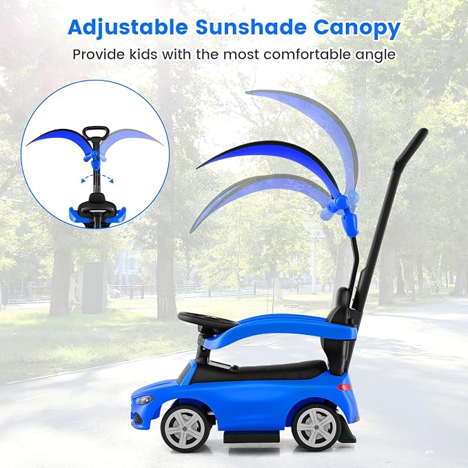 OLAKIDS Push Car for Toddlers, 3 in 1 Licensed Mercedes Benz Baby Sliding Walking with Parent Control Handle Adjustable Canopy Guardrail Under Seat Storage, Kids Ride on Toys with Horn (Blue)