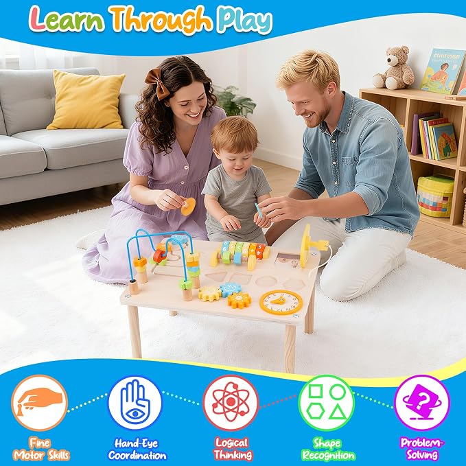 ATOYUS Activity Table for 1 2 3 Year Old, 8 in 1 Wooden Montessori Toys for Toddlers 1-3, Kids Sensory Game Play Table, 1st Christmas Birthday Boys Girls Gifts for 12 Months+ Baby