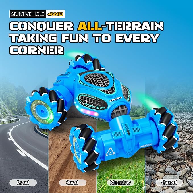 Gesture Sensing RC Stunt Car - Boys Toys Age 6-12, 4WD Hand Controlled Remote Control Drift Twist Offroad 360° Rotation Car with Light & Music, Cool Birthday Presents and Ideas Gifts for Kids Blue